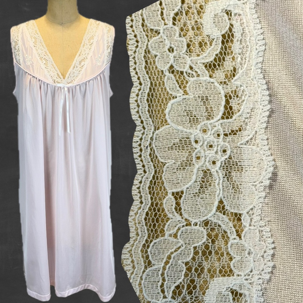 VINTAGE pastel pink nylon silky nightgown embroidered floral lace midi 80s
